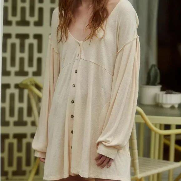 Free People Beach Flowy Linen Blend Lightweight Oversized Button Dress w Pockets - Picture 1 of 9